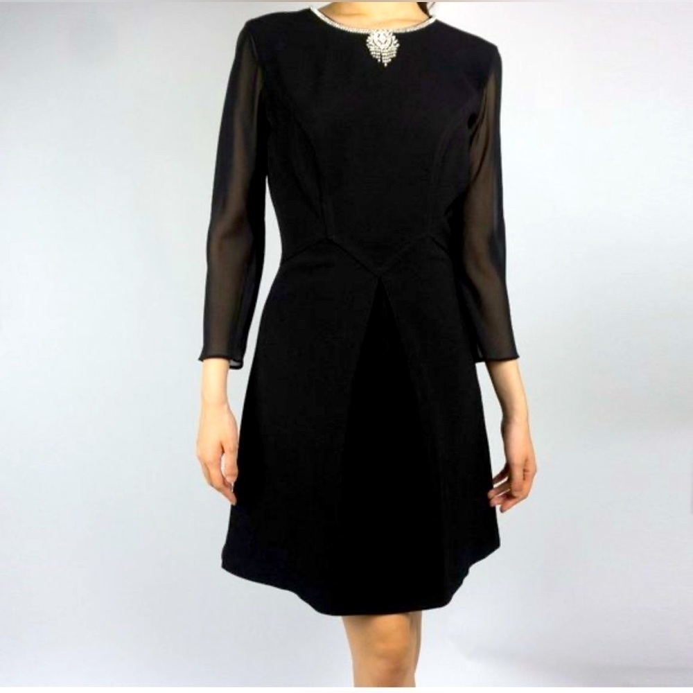 TED BAKER Sz 0 Elegant Black Over the Knee Dress Sheer Sleeves Jeweled Neckline